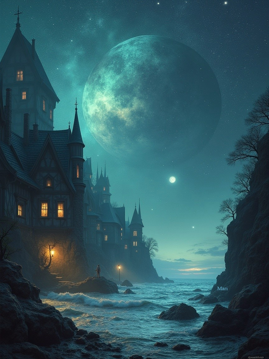 Gothic Houses on Cliffs Under a Luminous Moon
