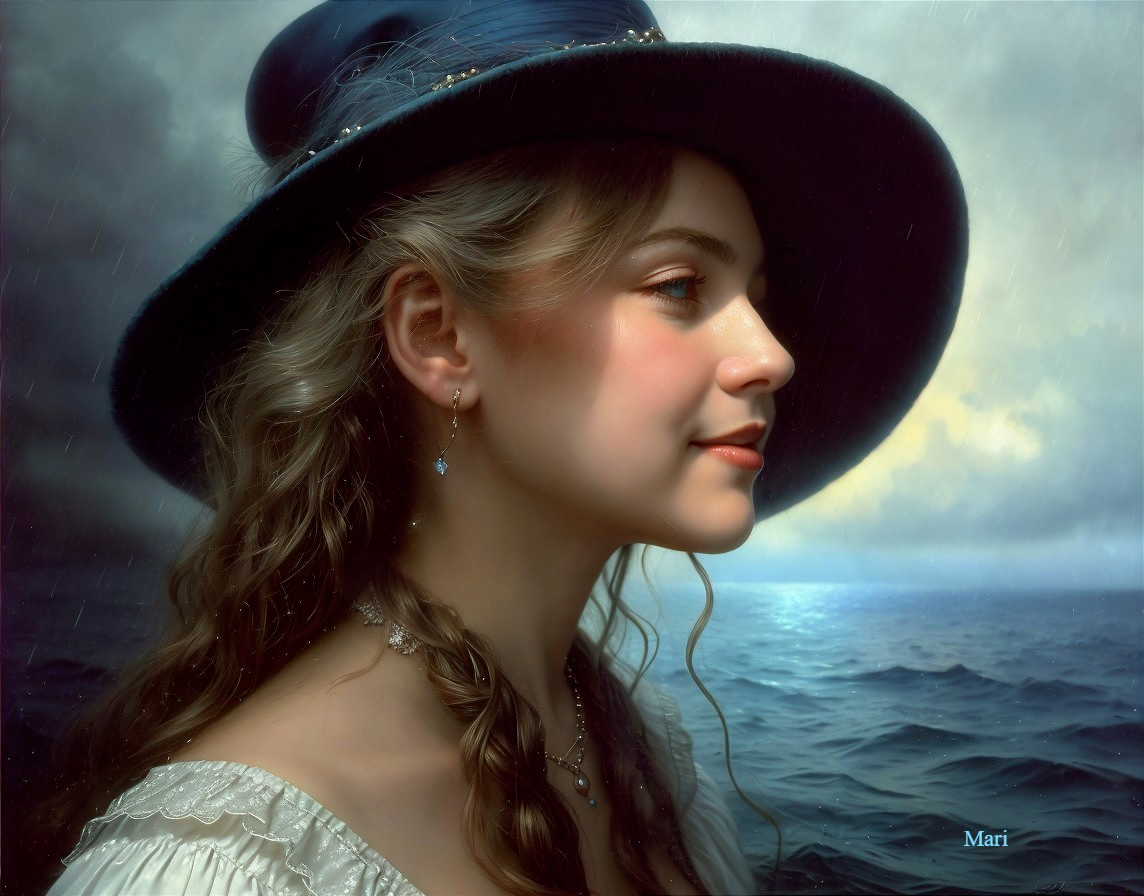 Serene Woman with Braid and Hat by Stormy Sea