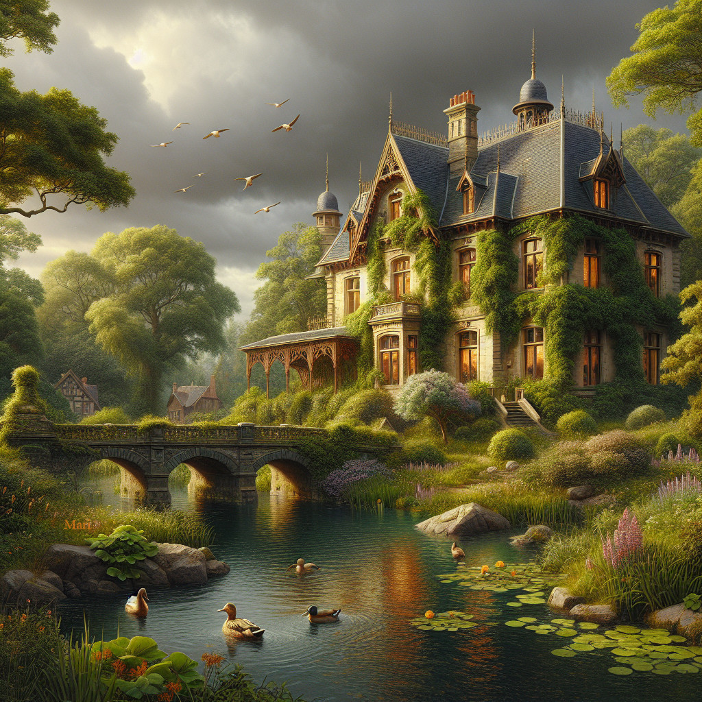 Ivy-Covered Mansion by Tranquil Pond and Lush Greenery