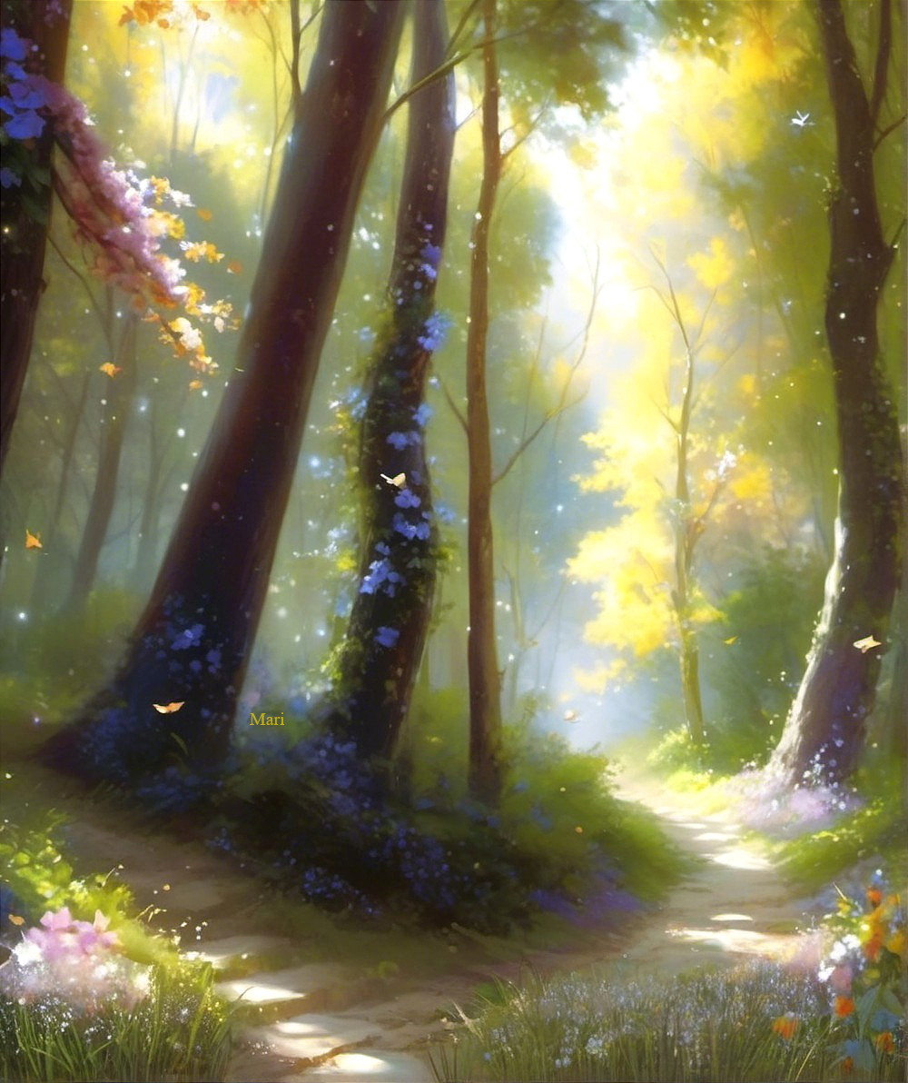 Serene Forest Path with Vibrant Wildflowers and Butterflies
