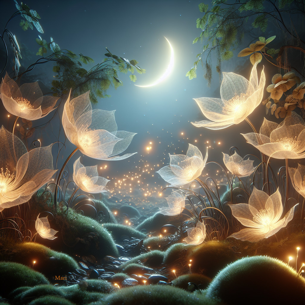 Serene Moonlit Scene with Enchanting Flowers and Moss