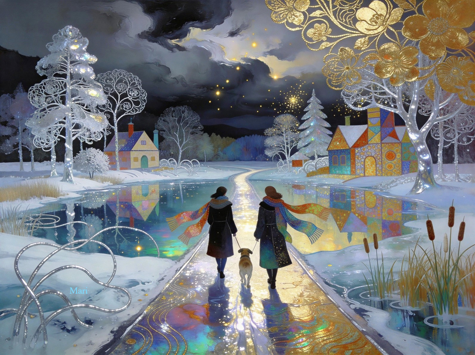 Magical Winter Wonderland Painting with Night Scene