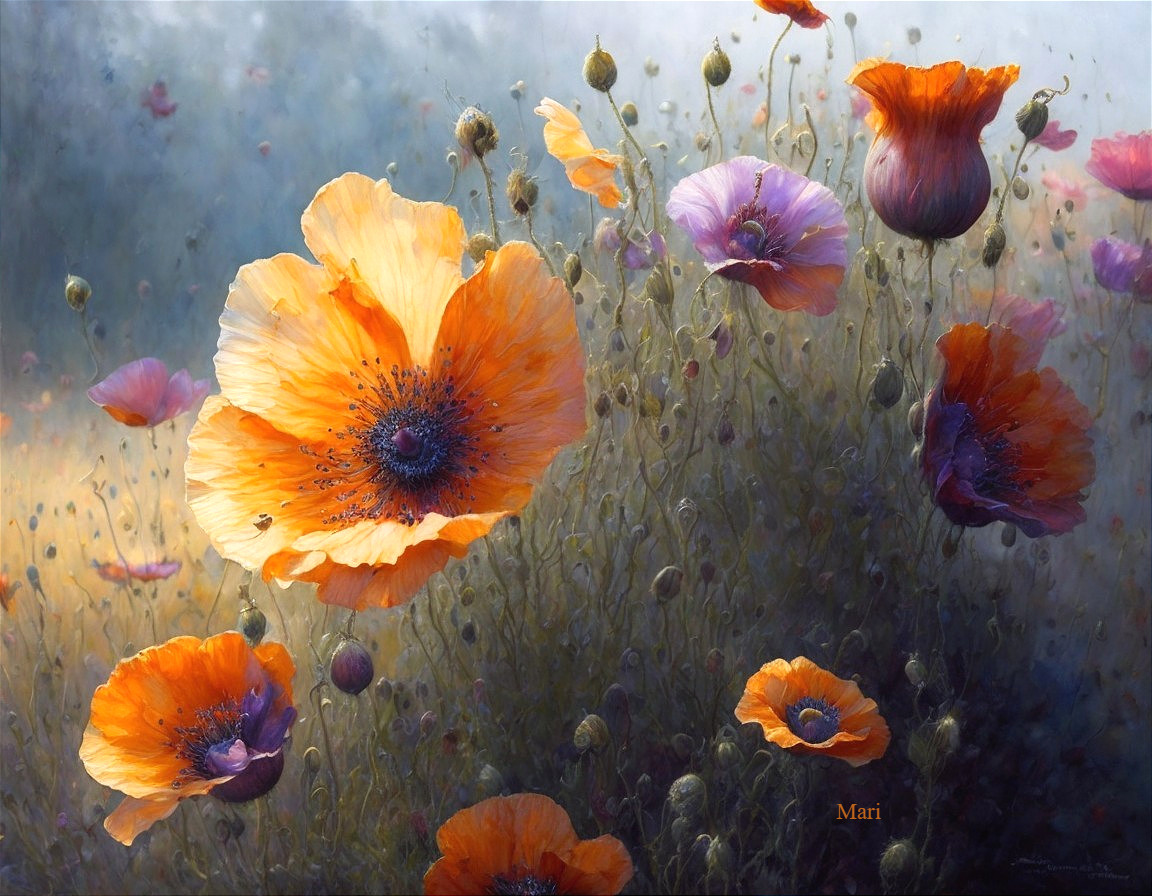 Vibrant Field of Orange and Purple Poppies Blooming