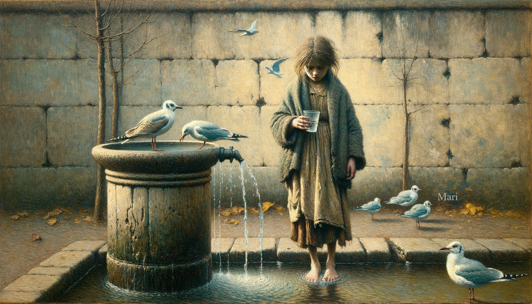 Young Girl by Old Fountain Surrounded by Birds