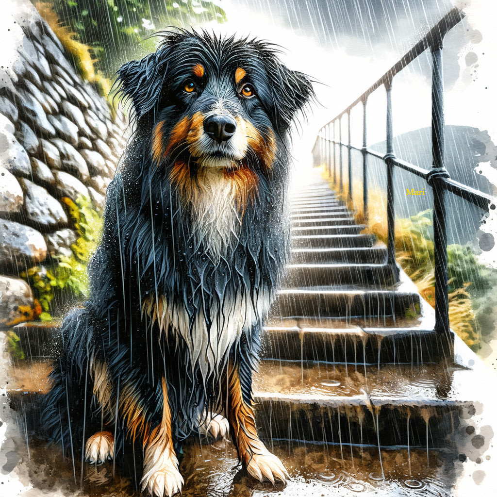Wet Dog on Stone Path in Serene Greenery