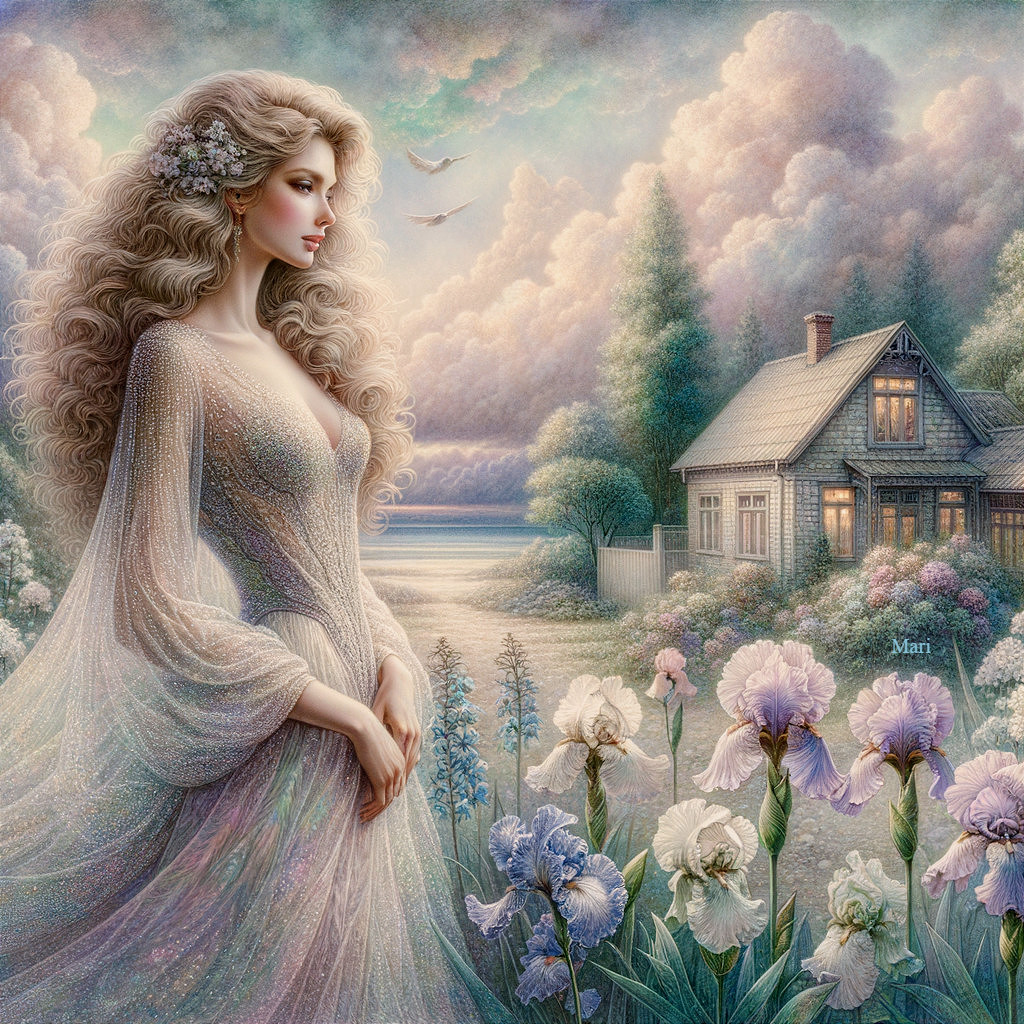 Ethereal Woman by Flowers with Lake and House Background