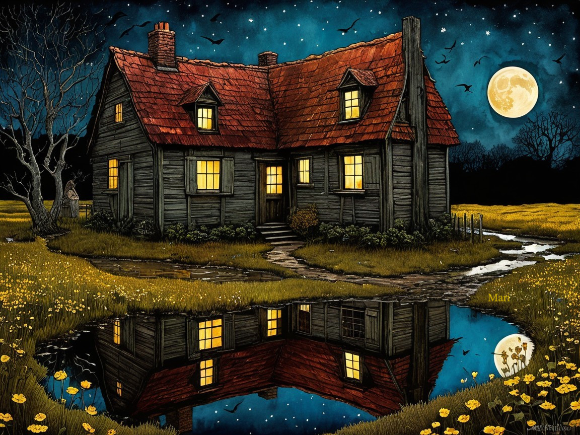 Old-fashioned wooden house under a starry night sky