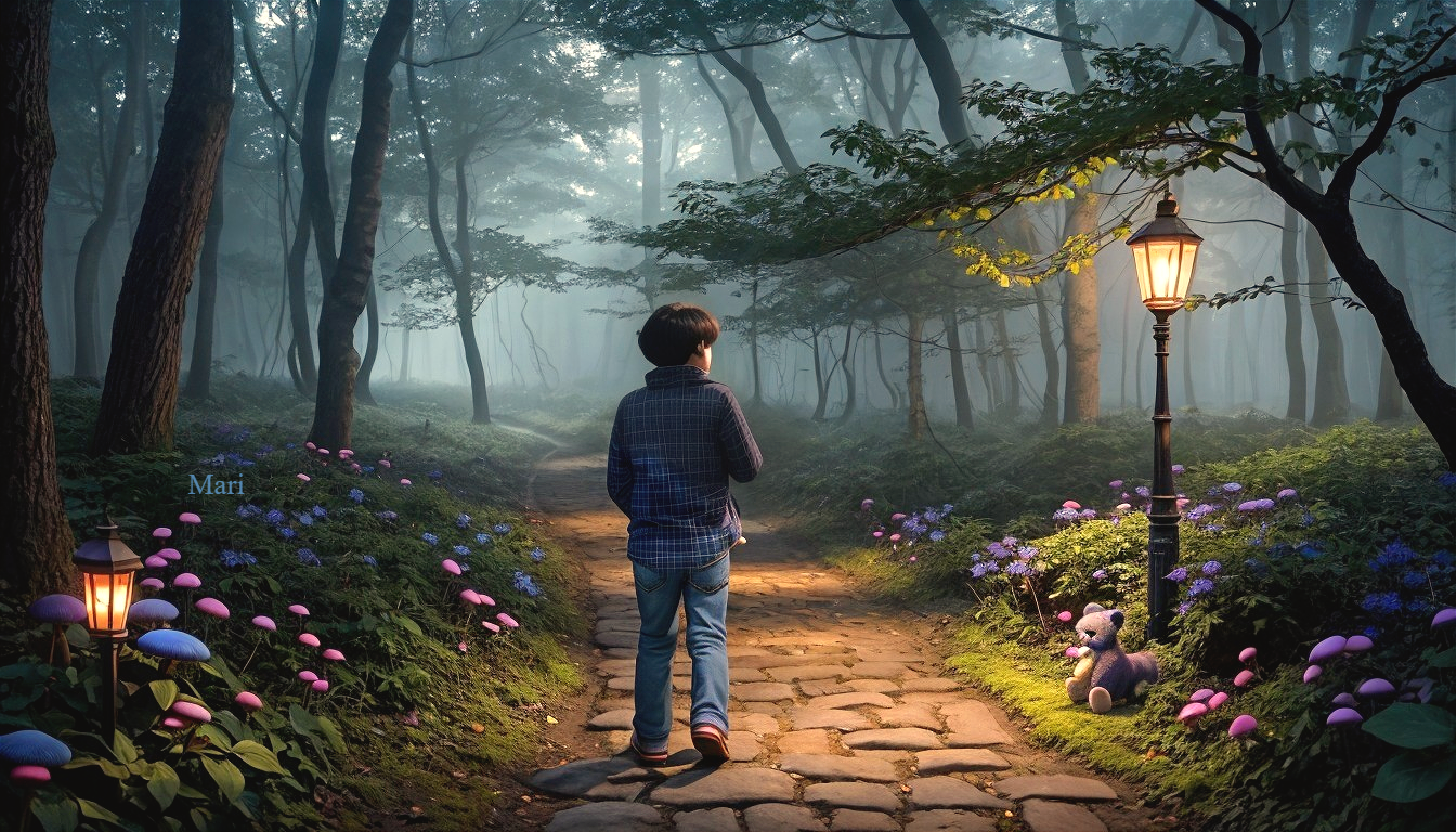 Young boy on cobblestone path in mystical forest