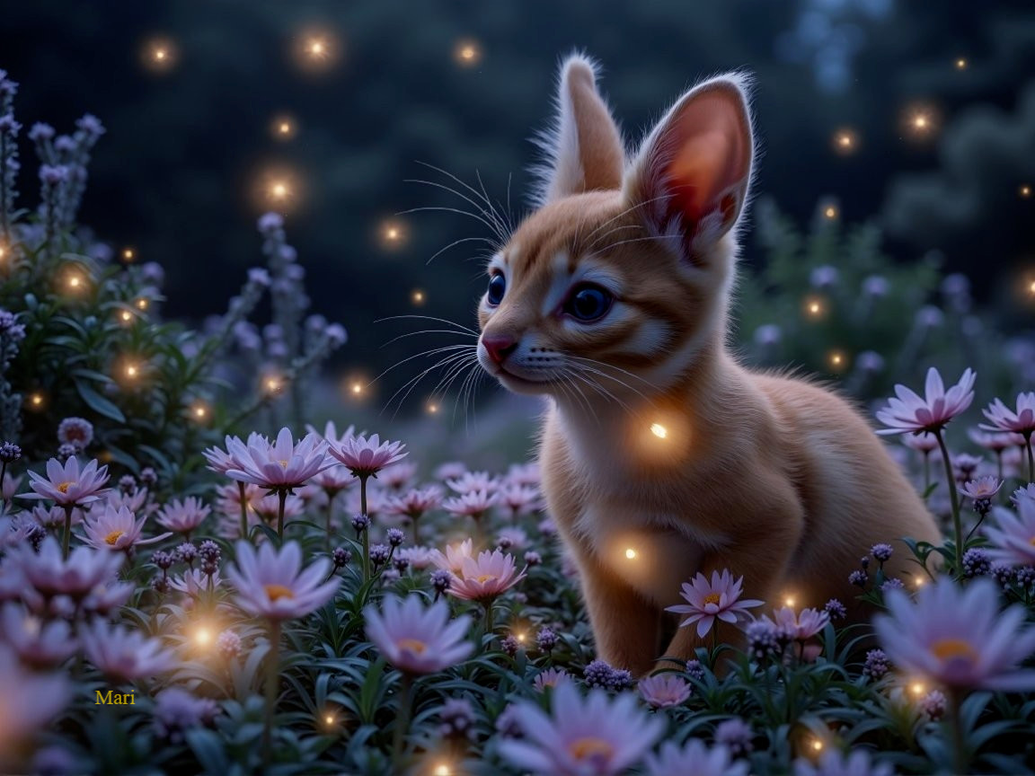 Orange Kitten in a Field of Pink Flowers at Twilight
