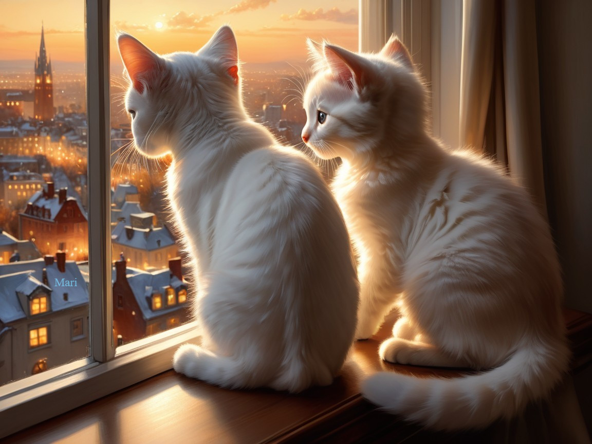 Fluffy Kittens on Windowsill with Sunset View