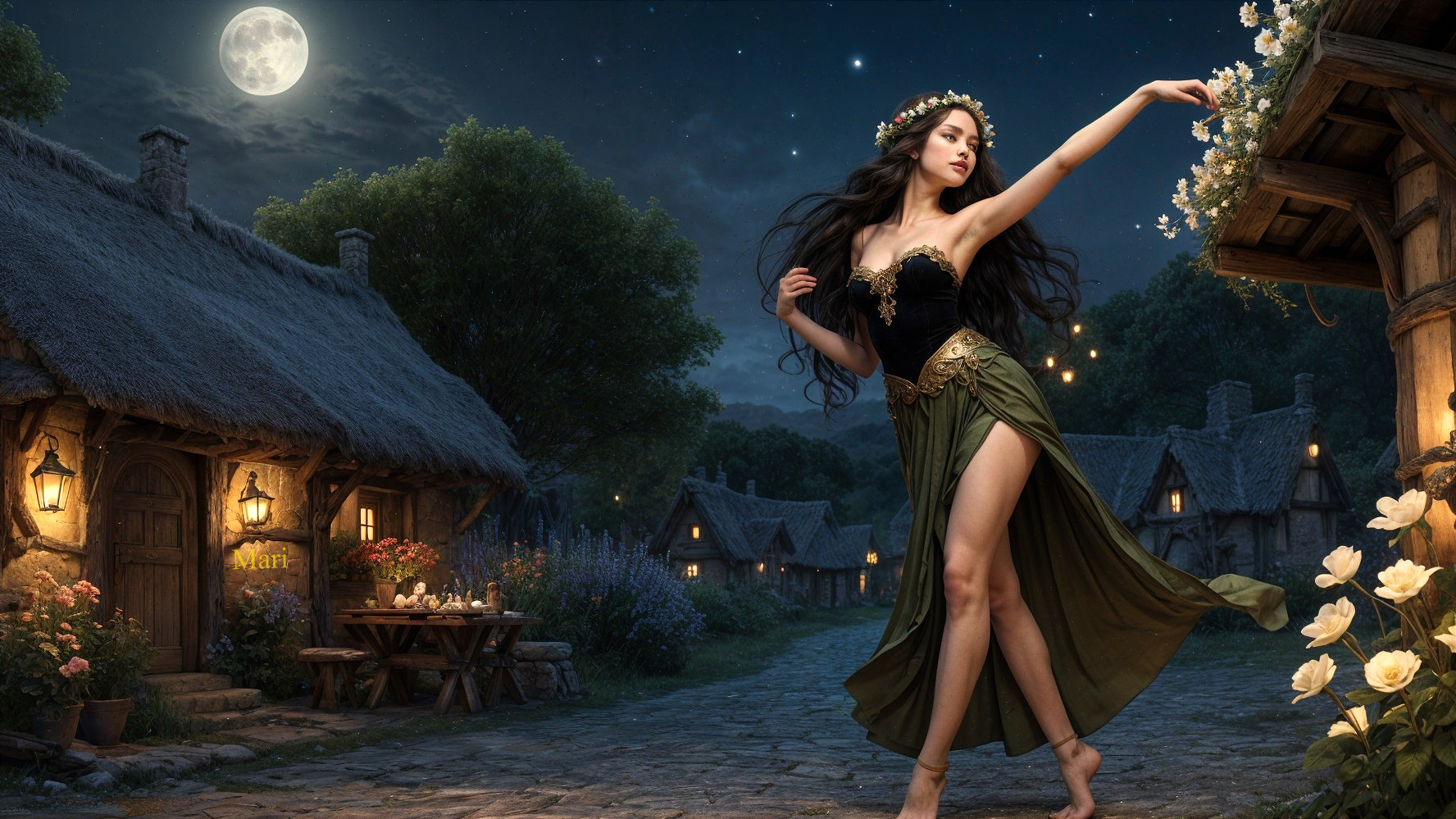 Mystical Night Scene with Woman Dancing Under Moonlight