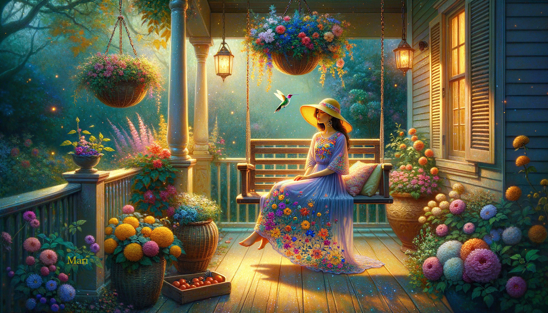 Serene Porch Scene with Floral Decor and Hummingbird
