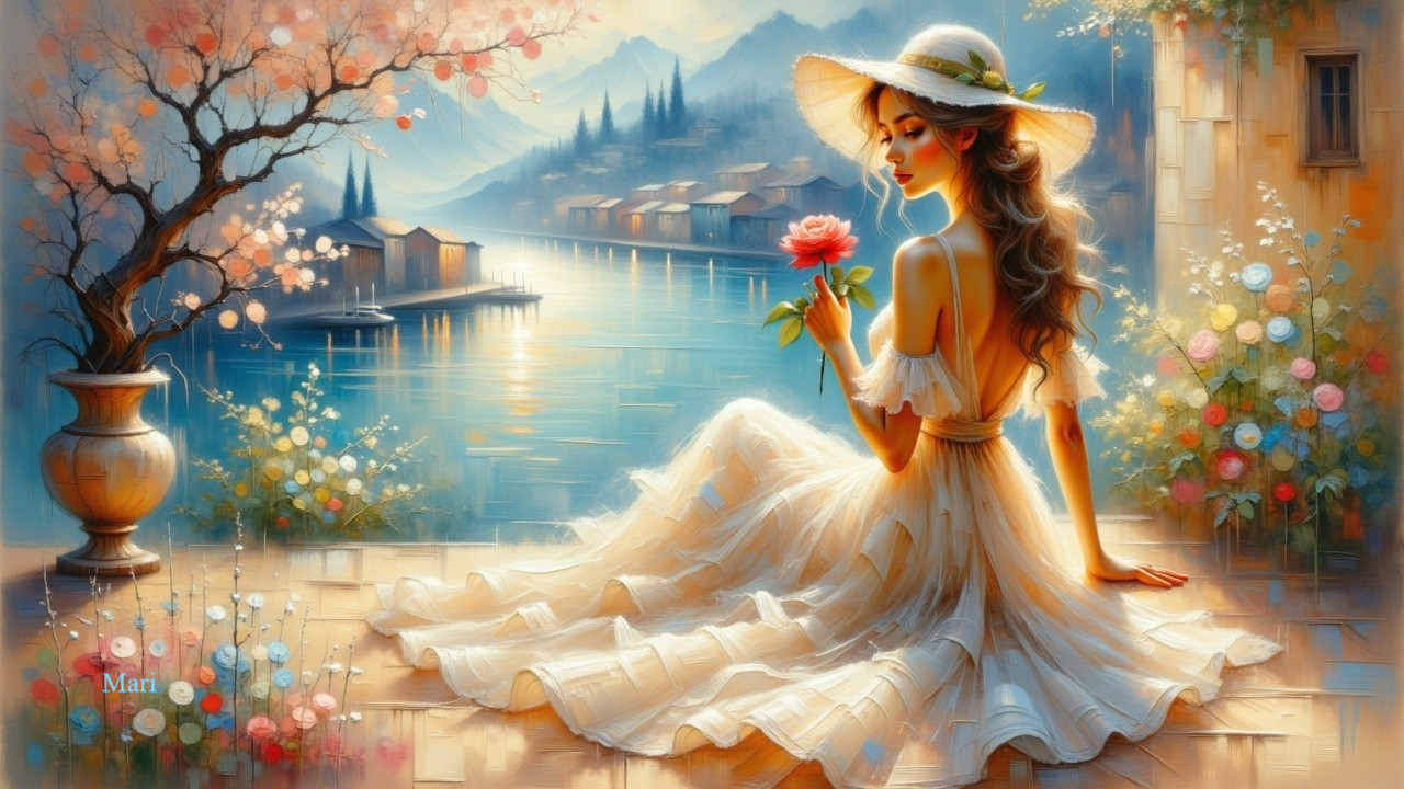 Serene Lake Scene with Young Woman and Flowers