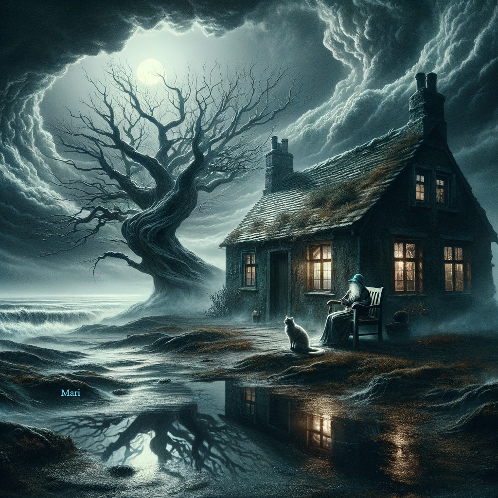 Cottage by Stormy Sea with Moonlit Reflection