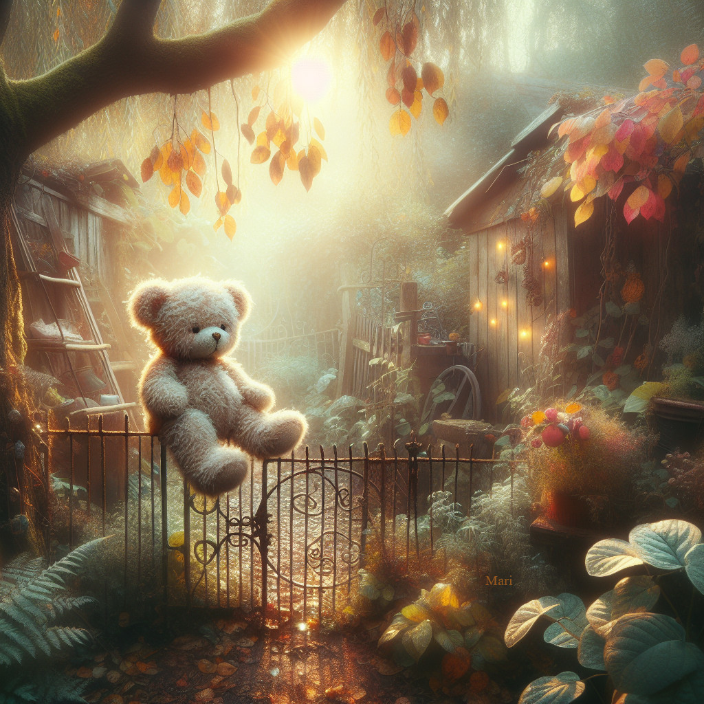 Teddy Bear on Rustic Gate in Enchanting Garden