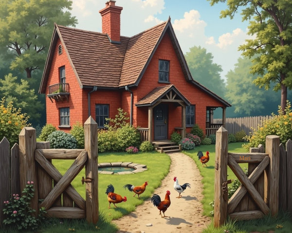 Charming Red-Brick House with Chickens in Countryside