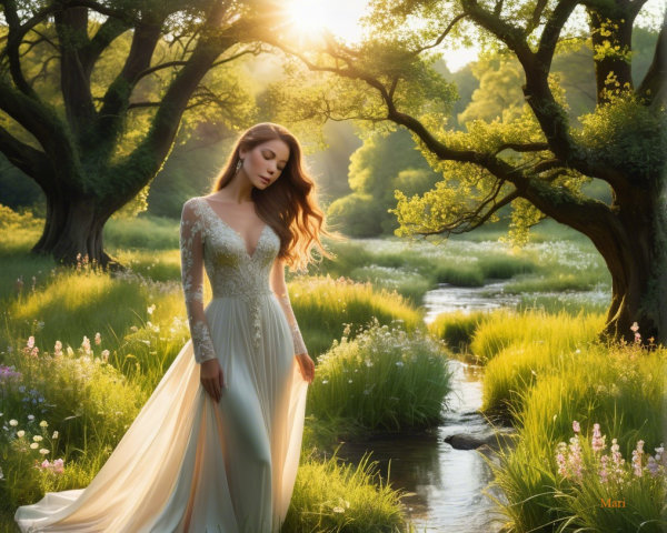 Serene Woman in Elegant Gown by Sparkling Stream