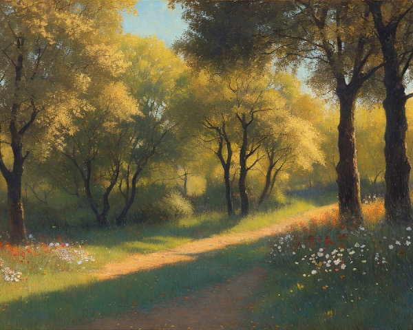 Serene Landscape with Winding Path and Wildflowers