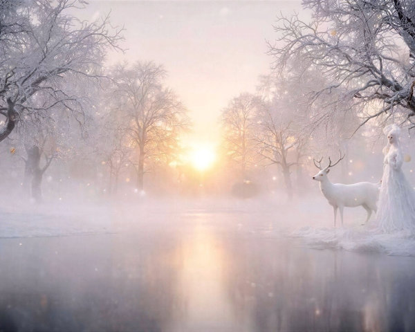 Magical winter landscape with river and mist at dawn
