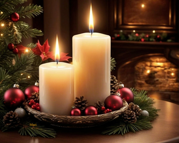 Cozy Holiday Setting with Candles and Ornaments