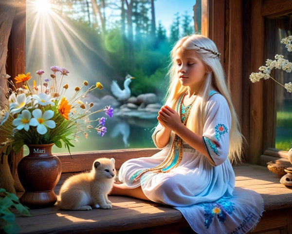Young Girl in White Dress with Kitten in Wooden Room
