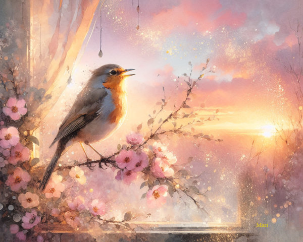 Serene Sunrise with Bird on Blooming Branch