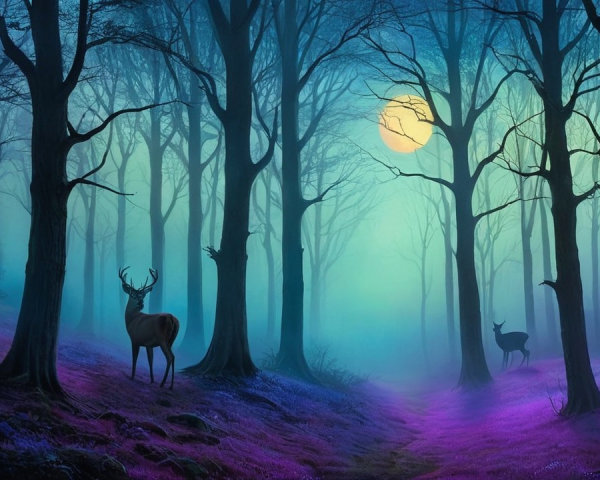 Mystical Forest with Deer Under a Full Moon
