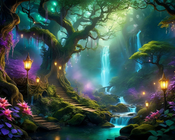 Magical forest scene with colorful lights and waterfalls