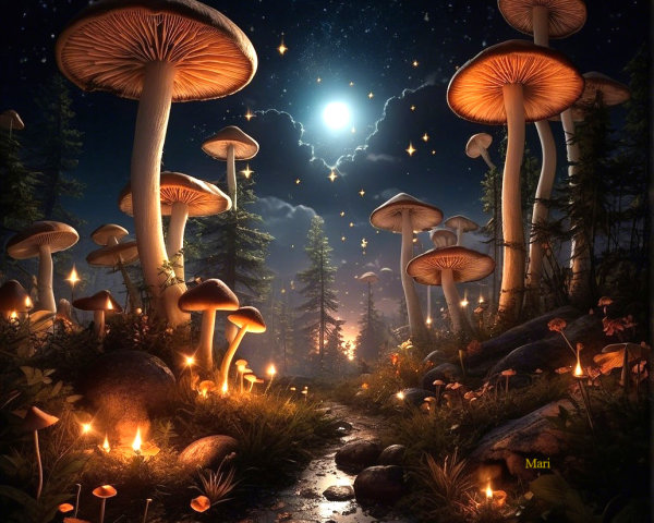 Mystical Night Forest with Vibrant Mushrooms and Stream