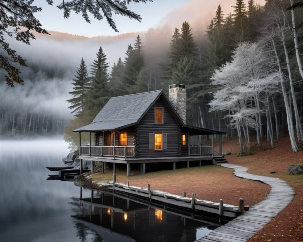 Cozy log cabin by serene lake and misty mountains