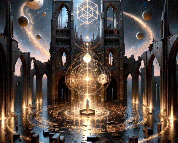 Ancient Cathedral Ruins with Ethereal Light and Symbols