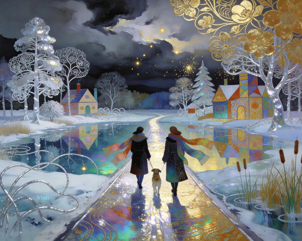 Magical Winter Wonderland Painting with Night Scene