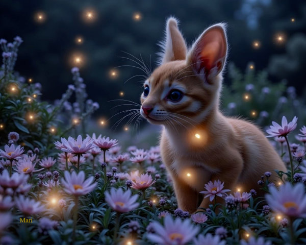 Orange Kitten in a Field of Pink Flowers at Twilight