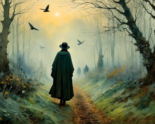 Cloaked Figure Walking in Misty Forest Path