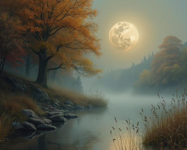 Tranquil Autumn Landscape with Moonlit River Scene
