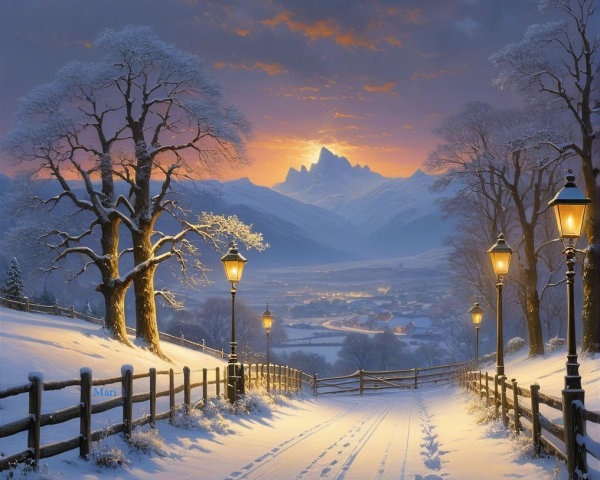 Winter Scene with Snowy Path and Frosted Trees