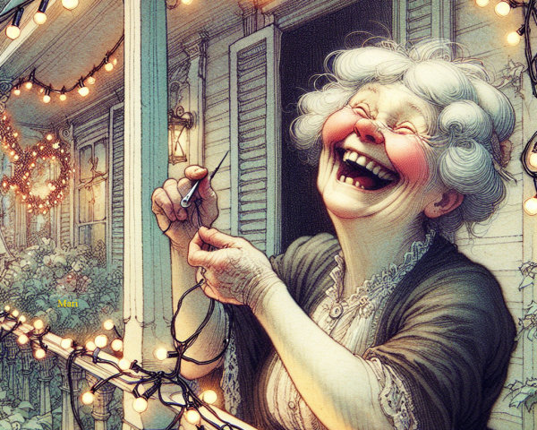 Elderly Woman Decorates Porch with String Lights