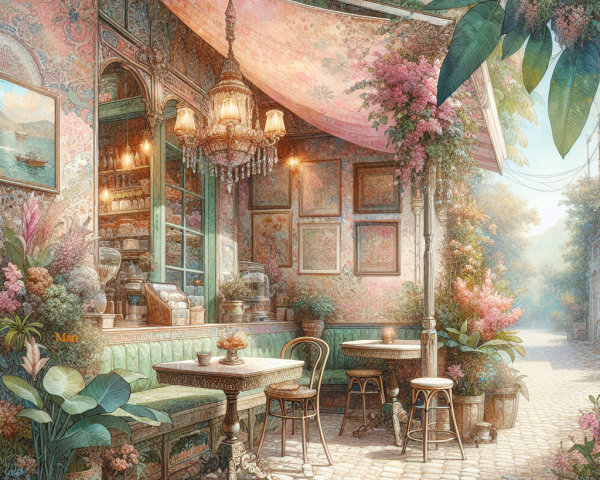 Charming Outdoor Café with Floral Decor and Lanterns