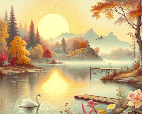 Tranquil Lakeside Scene at Sunrise with Autumn Foliage