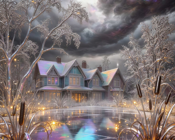 Victorian Manor in a Winter Landscape with Iridescent Clouds
