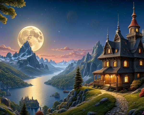 Fairy-Tale Landscape with Grand House and Moonlit Lake