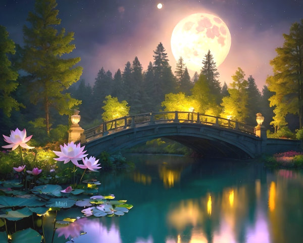 Serene Night Scene with Full Moon and Tranquil River