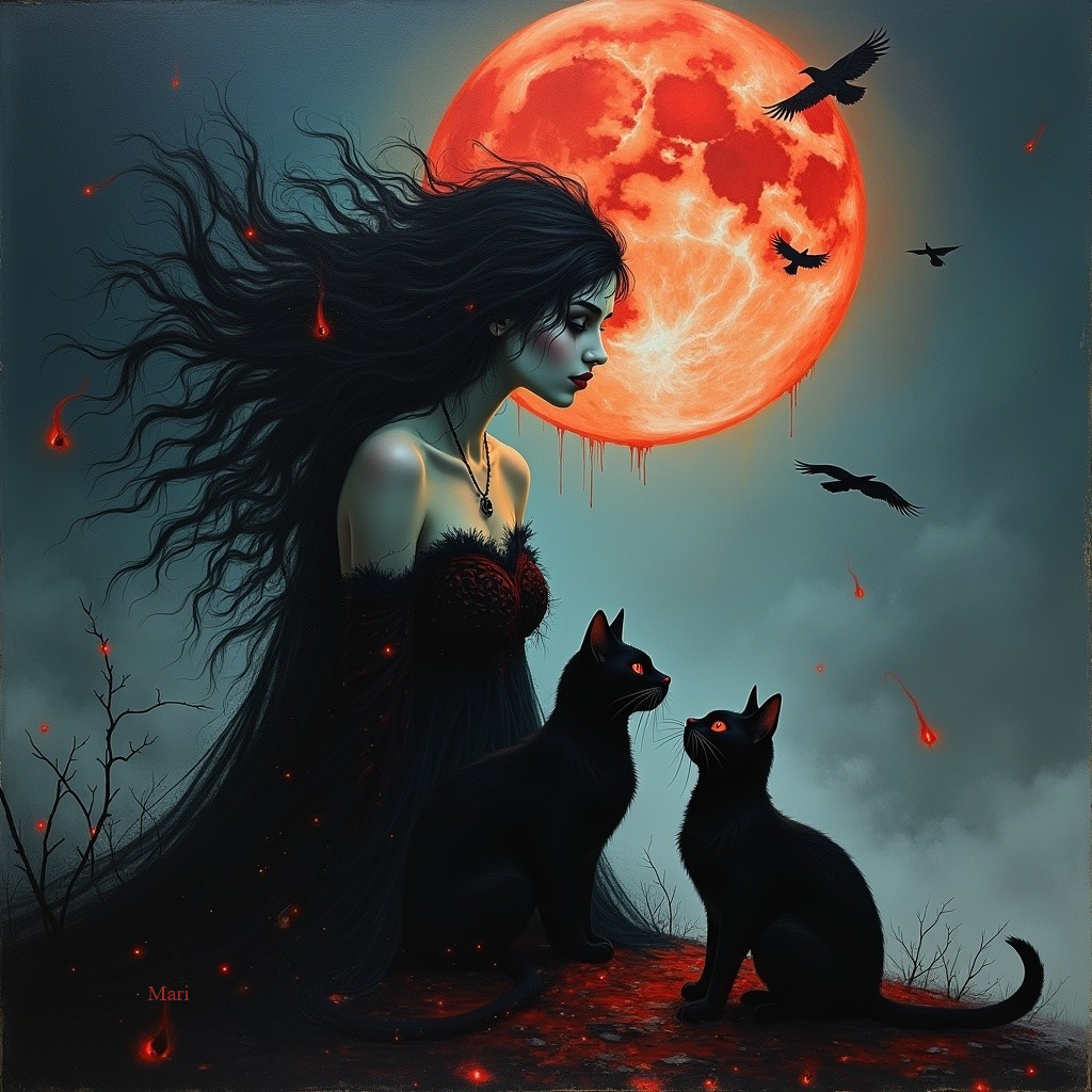 Mysterious Woman with Cats Under Red Full Moon