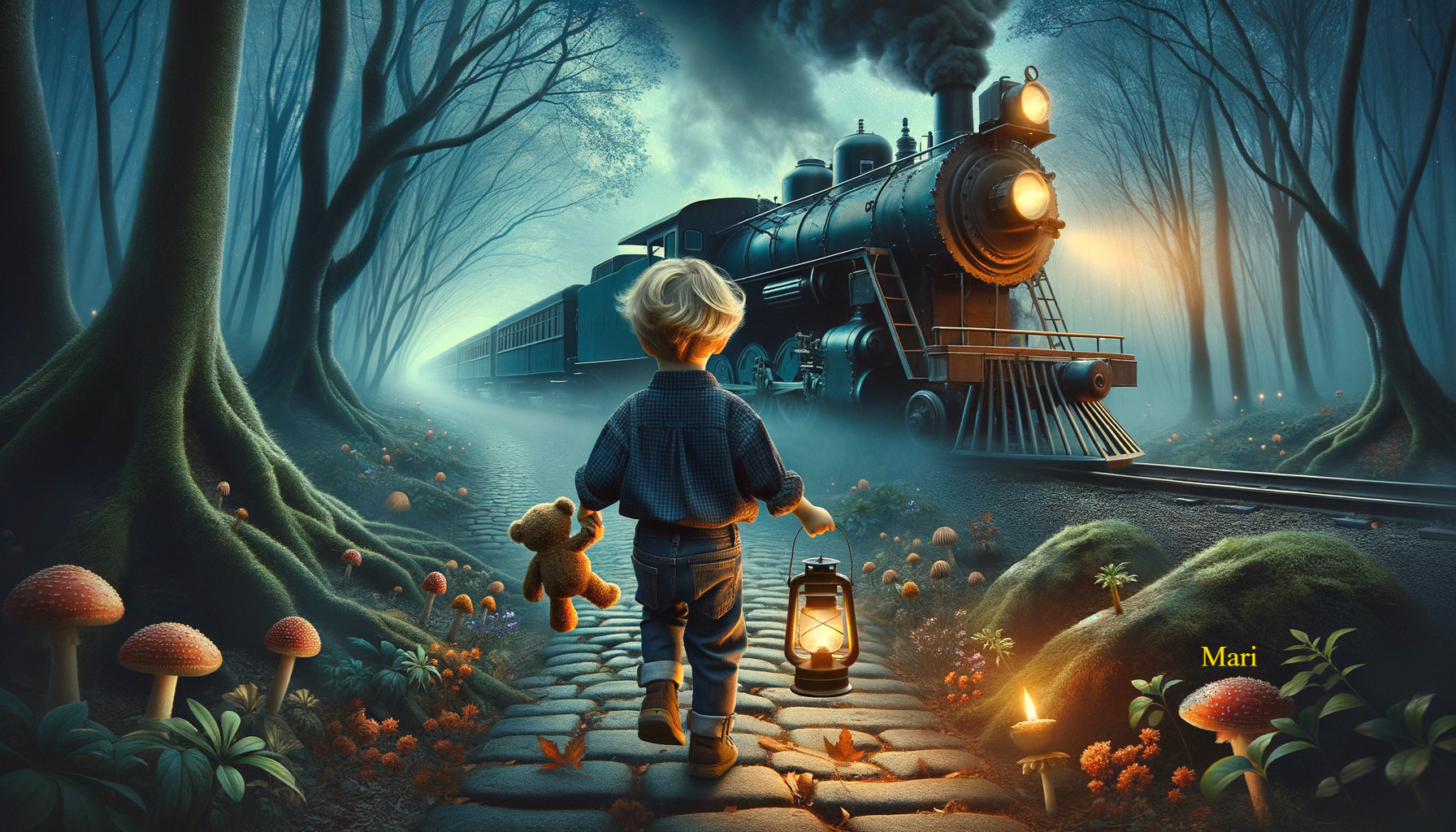 Young boy with teddy bear walking to steam train at dusk
