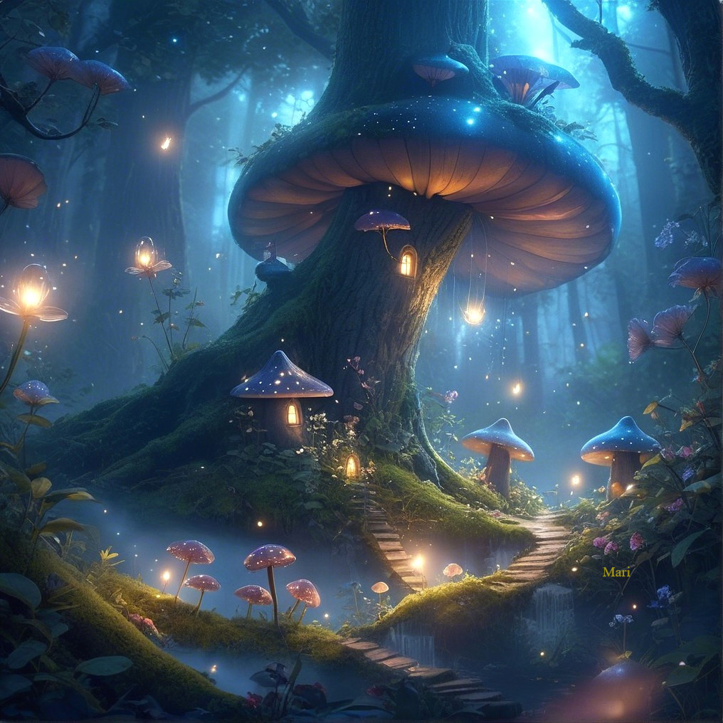 Enchanting Forest with Glowing Mushrooms and Houses