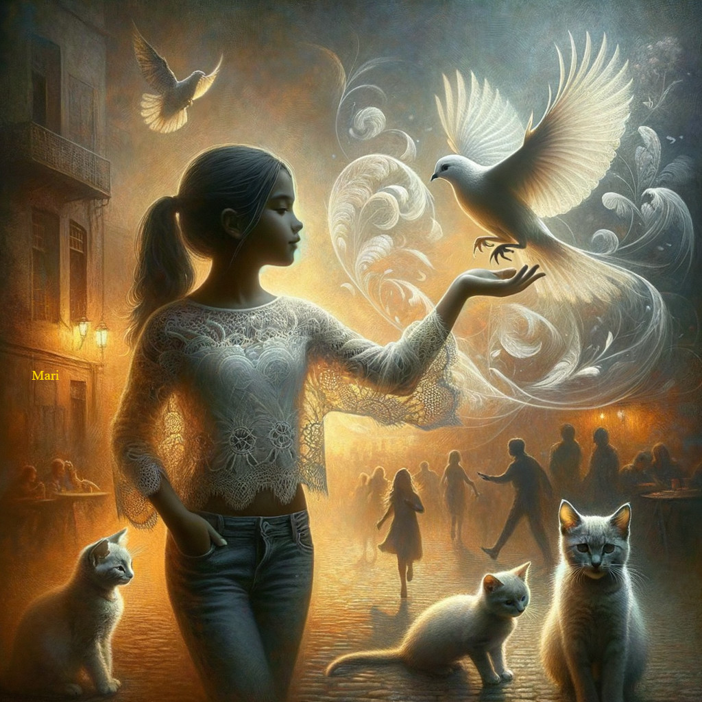 Twilight Scene with Girl, Dove, and Playful Cats