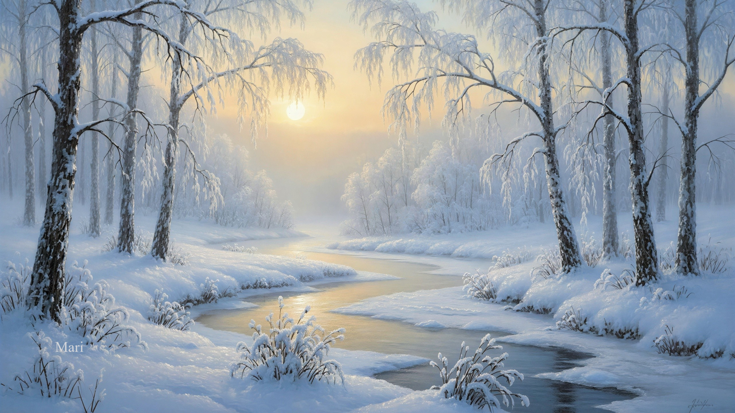 Winter Landscape with Snowy River and Birch Trees