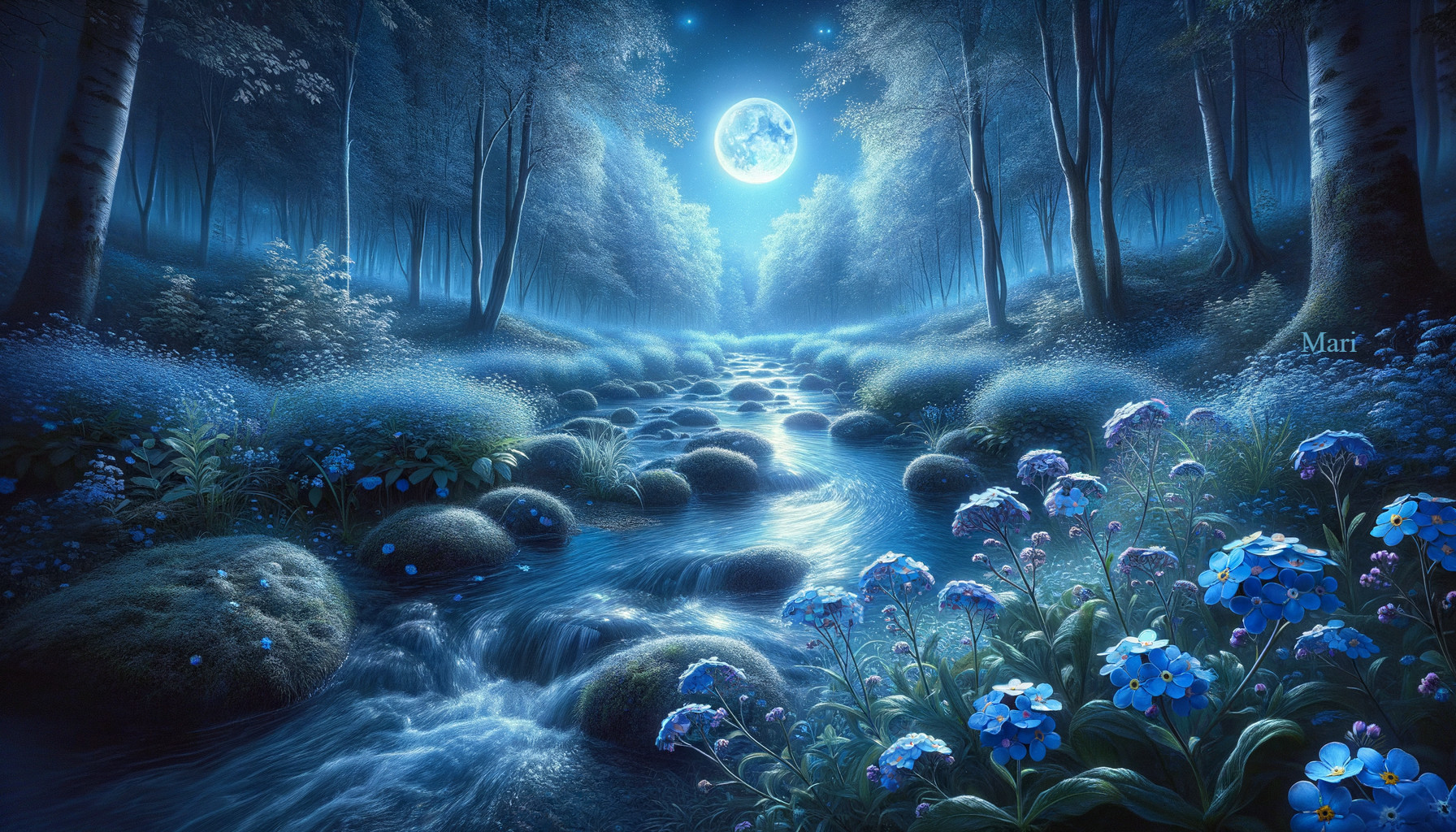 Moonlit Forest Landscape with Stream and Blue Flowers