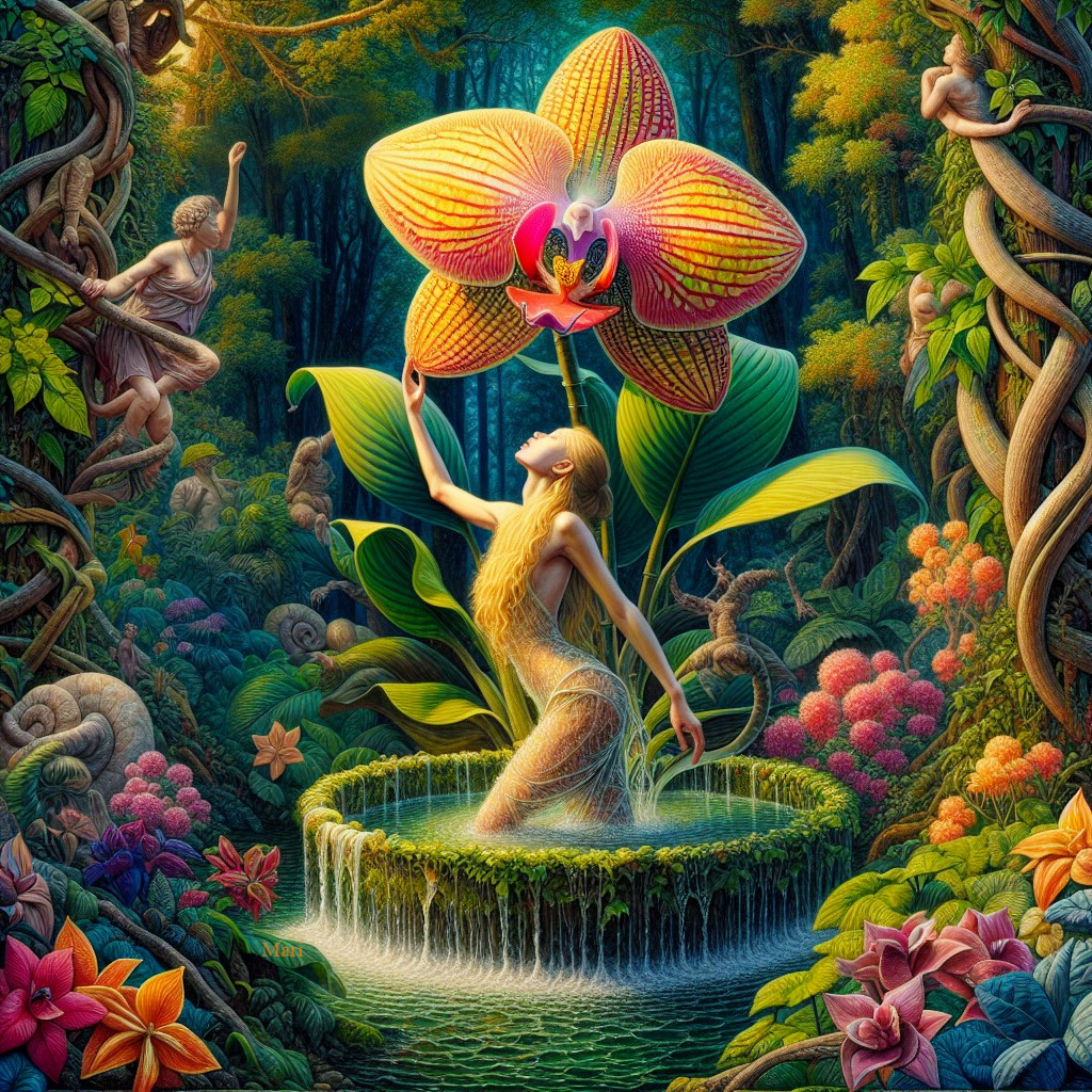 Majestic Orchid in Enchanted Forest with Serene Pool