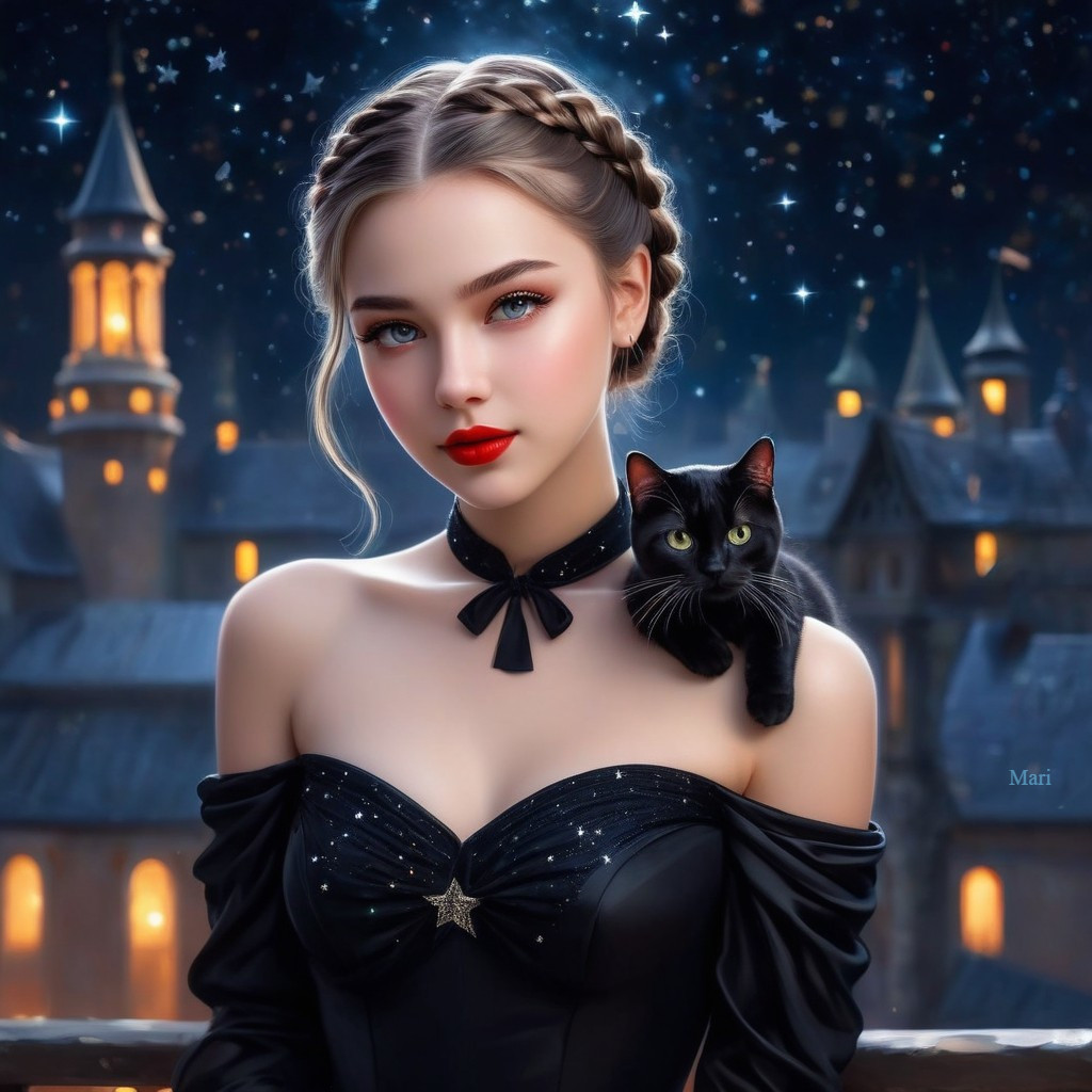 Young woman in black gown with cat by a castle